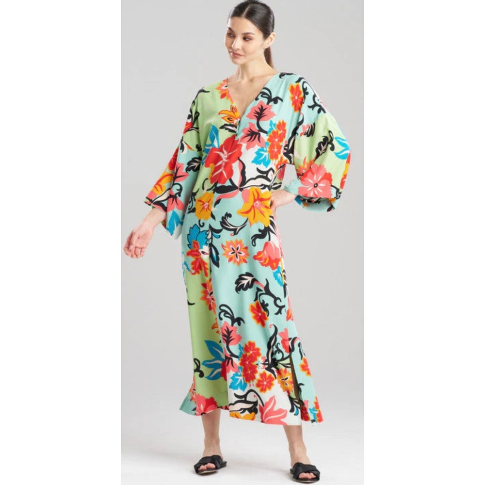 Natori Marbella 1X Floral Print Caftan Maxi Dress Green Red Kimono Sleeve V-Neck